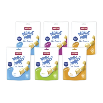 Six sachets de friandises pour chat Animonda Milkies montrant le logo 'animonda' et 'Milkies Cat Snack' et les étiquettes de saveur (Fraîcheur, Bien-être, Équilibre, Harmonie)