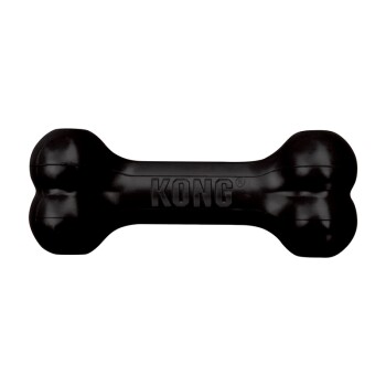 Schwarzes, knochenförmiges Gummihundespielzeug mit eingeprägtem KONG-Logo.