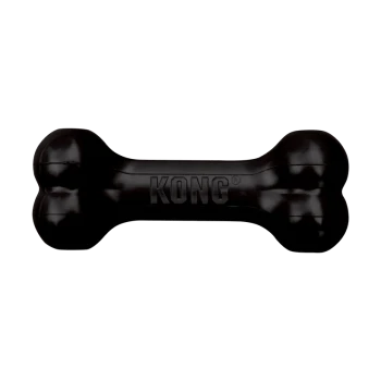 Jouet à mâcher pour chien en caoutchouc noir en forme d'os, avec le logo KONG en relief.