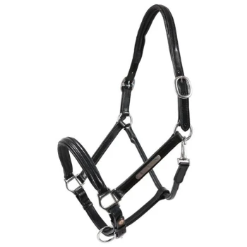 Schwarzes Leder-Haustiergeschirr mit silbernen Metall-Schnallen und verstellbaren Riemen, entworfen für Komfort und Kontrolle.