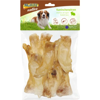 MultiFit native Kaninchenohren Hundesnacks in einer klaren Verpackung, mit einem grünen und braunen Kopfteil und Text in mehreren Sprachen.