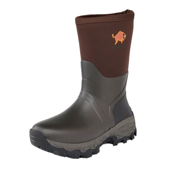 Brauner und grauer Gore-Tex wasserdichter Outdoor-Stiefel mit robuster Sohle und orangefarbenem Bison-Logo am oberen Schaft.