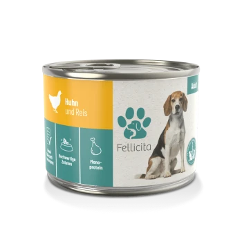 Dosen-Hundefutter mit der Aufschrift "Huhn und Reis" und einem Beagle-Bild, mit der Marke "Fellicita", hebt hochwertige Zutaten und Mono-Protein hervor.