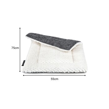 Haustierbett mit einer weichen weißen Fleece-Oberfläche und einem grauen Stoffoberteil, misst 75 cm mal 55 cm.