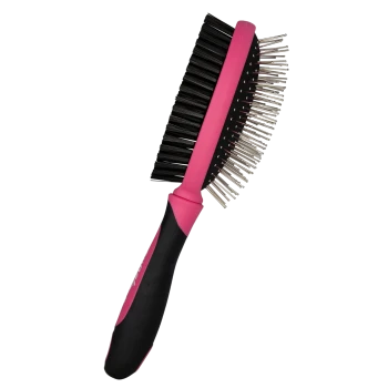 Beidseitige Haustierpflegebürste mit schwarzen Borsten und Metallstiften, pink-schwarzer ergonomischer Griff.
