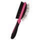 Beidseitige Haustierpflegebürste mit schwarzen Borsten und Metallstiften, pink-schwarzer ergonomischer Griff.