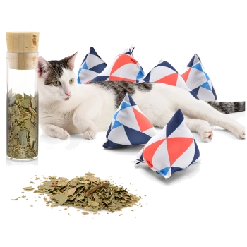 Eine entspannte Katze liegt neben einem Glasbehälter, der mit getrockneten Kräutern gefüllt ist, und mehreren bunten, dreieckigen Katzenminze-Spielzeugen.