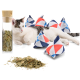 Eine entspannte Katze liegt neben einem Glasbehälter, der mit getrockneten Kräutern gefüllt ist, und mehreren bunten, dreieckigen Katzenminze-Spielzeugen.