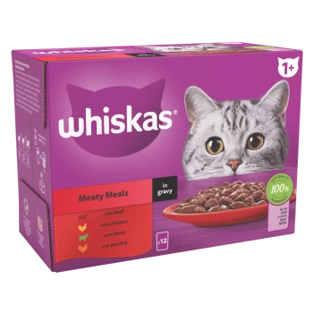 Whiskas Meaty Meals cat food box featuring a gray tabby cat, with flavors: beef, chicken, lamb, and poultry, labeled "in gravy."