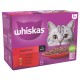 Whiskas Meaty Meals cat food box featuring a gray tabby cat, with flavors: beef, chicken, lamb, and poultry, labeled "in gravy."