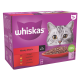 Whiskas Meaty Meals cat food box featuring a gray tabby cat, with flavors: beef, chicken, lamb, and poultry, labeled "in gravy."