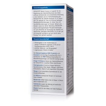 RECOACTIV Gelenk Tonicum Verpackung, die die Vorteile für die Gelenkgesundheit von Haustieren hervorhebt, mit Omega-3-Fettsäuren und Glucosamin.