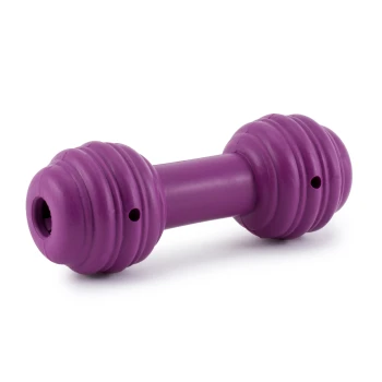 Lila Gummihantel Hundespielzeug mit strukturierten Enden und Löchern für Leckerlis. Ideal zum Kauen und Spielen.