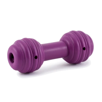 Lila Gummihantel Hundespielzeug mit strukturierten Enden und Löchern für Leckerlis. Ideal zum Kauen und Spielen.
