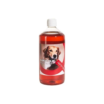 Flasche mit Lachsöl für Hunde und Katzen, beschriftet mit "Lakseolie", mit einem Golden Retriever auf der Vorderseite und einem roten Verbotssymbol.