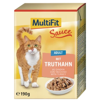 MultiFit Sauce Katzenfutter für erwachsene Katzen mit Truthahn, 190g, mit orange-weißem Katzenmotiv und einer Schale Nassfutter.