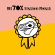 Ikonisches Abzeichen mit einer Fleischillustration, mit dem Text "Mit 70% frischem Fleisch" auf einem pinken und gelben Hintergrund.