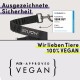 Schwarzes Sicherheitsgeschirr für Haustiere mit Metallclip, mit "STUCH," "Ausgezeichnete Sicherheit," "Wir lieben Tiere," und PETA-zugelassenem veganem Logo.
