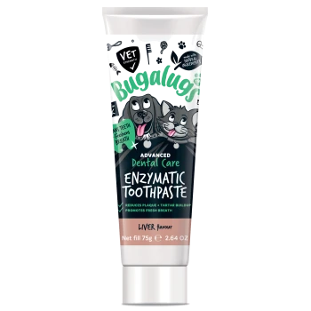 Tube der Bugalugs Advanced Dental Care enzymatischen Zahnpasta für Haustiere, Lebergeschmack, 75g, mit Hund- und Katzenillustrationen.