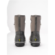 Graue wasserdichte Haustierstiefel mit floralem Design, mit einem Zugtab und einem gelben Logo an der Ferse, von hinten gezeigt.