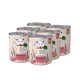 Sechs Dosen VegDog Hundefutter mit Lupinenprotein, mit einem Cartoon-Hund auf dem Etikett und dem Text "No good, feed better."