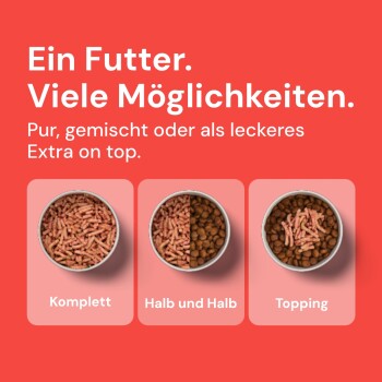 Drei Schalen mit Haustierfutter: "Komplett" (rosa), "Halb und Halb" (rosa und braun), "Topping" (braun). Text: "Ein Futter. Viele Optionen."
