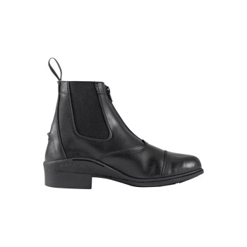 Schwarze Reitstiefelette mit elastischen Seitenpaneelen und einem Reißverschluss, mit einem niedrigen Absatz und einer glatten Lederoberfläche.