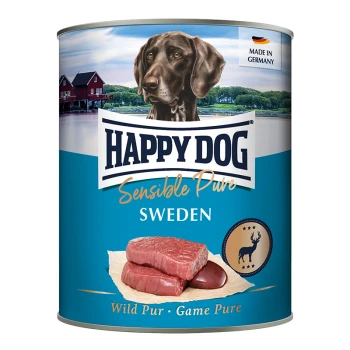 Eine Dose Happy Dog Sensible Pure Hundefutter mit einem braunen Hund auf dem Etikett, mit rohem Fleisch und dem Text "Wild Pur" und "Game Pure."