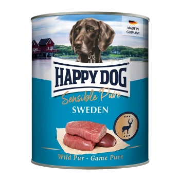 Eine Dose Happy Dog Sensible Pure Hundefutter mit einem braunen Hund auf dem Etikett, mit rohem Fleisch und dem Text "Wild Pur" und "Game Pure."