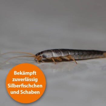 Silberfisch-Insekt mit einem orangefarbenen Etikett, das sagt: "Bekämpft Silberfische und Kakerlaken effektiv."