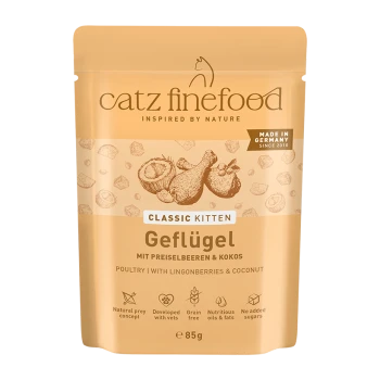 Karma dla kotów Catz Finefood Classic Kitten Poultry z borówkami brusznicą i kokosem, bez zbóż, 85g, wyprodukowana w Niemczech.