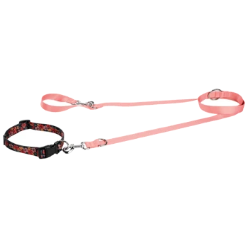Eine pinke Haustierleine mit einem schwarz-blumigen Geschirr, mit zwei Clips und verstellbaren Riemen.