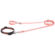 Eine pinke Haustierleine mit einem schwarz-blumigen Geschirr, mit zwei Clips und verstellbaren Riemen.