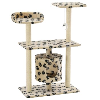 Katzenbaum mit zwei Plattformen, einem gemütlichen Versteck und einem hängenden Spielzeug, bedeckt mit einem beigen Stoff mit schwarzen Pfotenabdrücken.