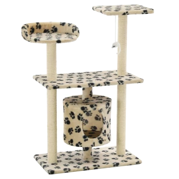 Katzenbaum mit zwei Plattformen, einem gemütlichen Versteck und einem hängenden Spielzeug, bedeckt mit einem beigen Stoff mit schwarzen Pfotenabdrücken.