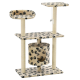 Katzenbaum mit zwei Plattformen, einem gemütlichen Versteck und einem hängenden Spielzeug, bedeckt mit einem beigen Stoff mit schwarzen Pfotenabdrücken.