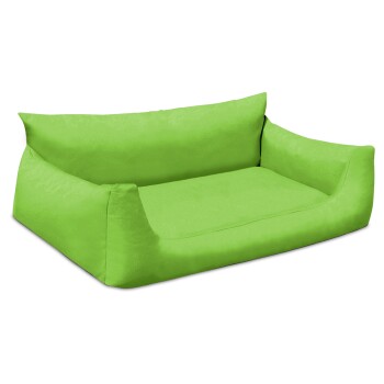 Helles grünes Haustiersofa mit niedriger Rückenlehne und Seitenkissen, entworfen für Komfort und Stil.