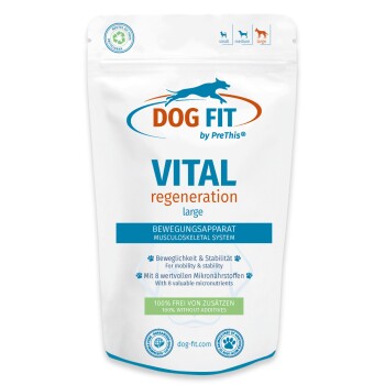 Weißer wiederverschließbarer Dog Fit VITAL „regeneration“-Großhund-Ergänzungsbeutel, Informationen zum Bewegungsapparat und Hinweis „100% ohne Zusatzstoffe“