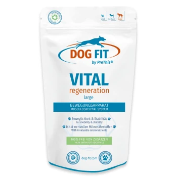 Weißer wiederverschließbarer Dog Fit VITAL „regeneration“-Großhund-Ergänzungsbeutel, Informationen zum Bewegungsapparat und Hinweis „100% ohne Zusatzstoffe“
