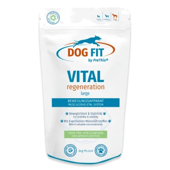 Weißer wiederverschließbarer Dog Fit VITAL „regeneration“-Großhund-Ergänzungsbeutel, Informationen zum Bewegungsapparat und Hinweis „100% ohne Zusatzstoffe“
