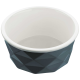 Eine stilvolle Futterschüssel für Haustiere mit einem dunkelblauen geometrischen Äußeren und einem glatten weißen Inneren, die ein modernes Design zeigt.