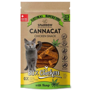 Verpackung für Haustierleckerlis "Cannacat Chicken Snack" mit einer grauen Katze, 80 % Huhn, Hanf, ohne GVO, Weizen oder Zucker.