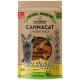 Verpackung für Haustierleckerlis "Cannacat Chicken Snack" mit einer grauen Katze, 80 % Huhn, Hanf, ohne GVO, Weizen oder Zucker.