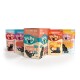 Kleurrijke 'Lucky Lou' kattenvoer display met een Tasty Mix-Box en zakjes gelabeld 'Beef,' 'Duck,' en 'Chicken.'