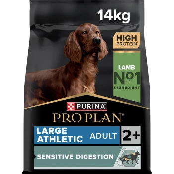 Adult Large Athletic Sensitive Digestion 14kg Purina Pro Plan Hundefuttertüte, 14kg, mit den Angaben "Hoher Proteingehalt", "Lamm Nr. 1 Zutat" und "Große athletische Erwachsene 2+ empfindliche Verdauung."