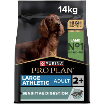 Purina Pro Plan Hundefuttertüte, 14kg, mit den Angaben "Hoher Proteingehalt", "Lamm Nr. 1 Zutat" und "Große athletische Erwachsene 2+ empfindliche Verdauung."