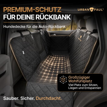 Gesteppte schwarze Hundesitzauflage auf dem Rücksitz eines Autos, mit dem deutschen Text 'PREMIUM-SCHUTZ FÜR DEINE RÜCKBANK' und 'Sauber. Sicher. Durchdacht.'