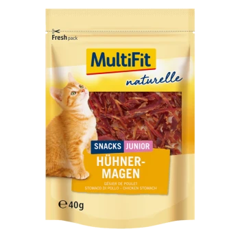 MultiFit natuurlijke kattensnacks verpakking met een speelse oranje kat en 'SNACKS JUNIOR HÜHNERMAGEN' tekst, 40g kippenmaag.