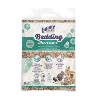 Bunny Bedding Absorber Beutel, 20 Liter, mit Bildern von kleinen Tieren, mit Text, der maximale Saugfähigkeit und Geruchskontrolle hervorhebt.