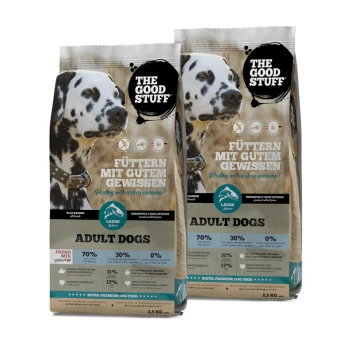 Zwei 2,5 kg Säcke "The Good Stuff" Hundefutter für Erwachsene, mit einem Dalmatiner und der Hervorhebung von 70% Fleisch, 30% Gemüse, 0% Getreide.